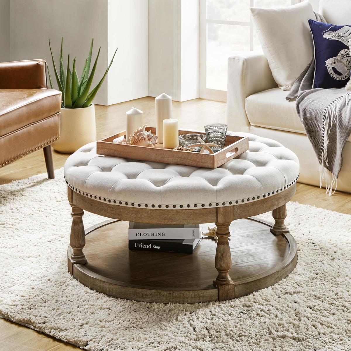 Tufted Round Ottoman Coffee Table with Storage Shelf