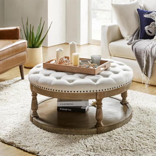 Tufted Round Ottoman Coffee Table with Storage Shelf