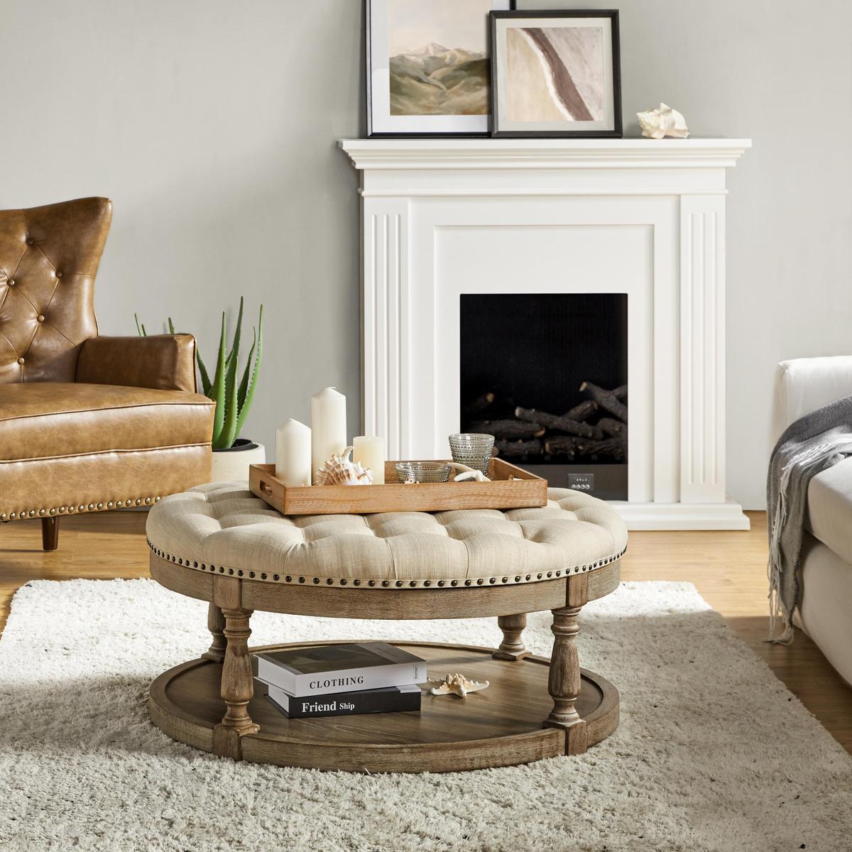 Danilynn Tufted Round Ottoman Coffee Table with Storage Shelf