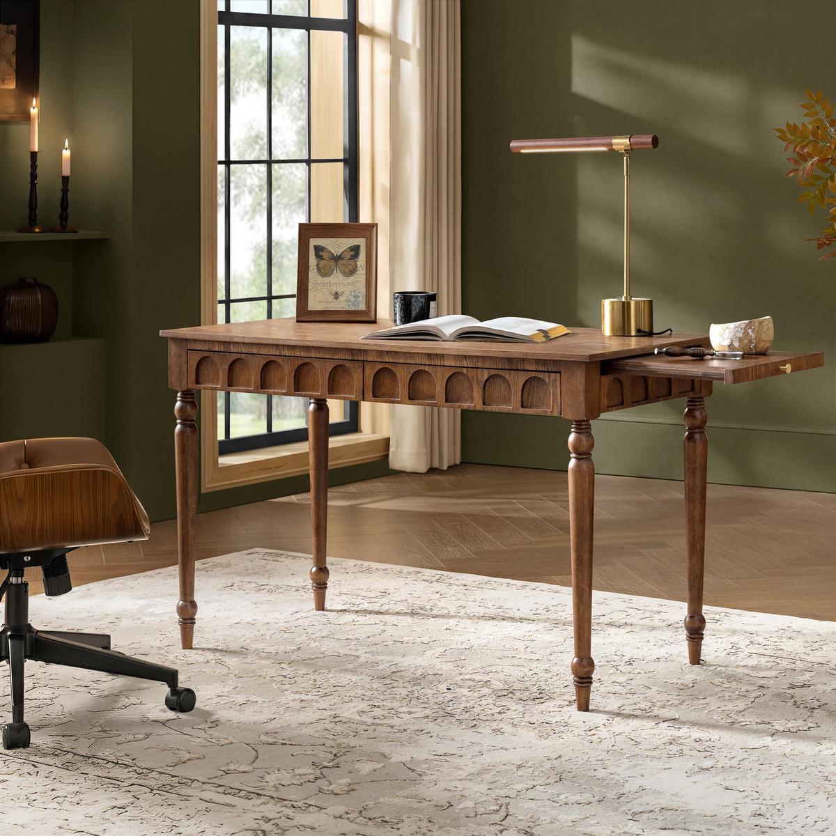 Theo Farmhouse 2-Drawer Office Desk with Charging & Tray