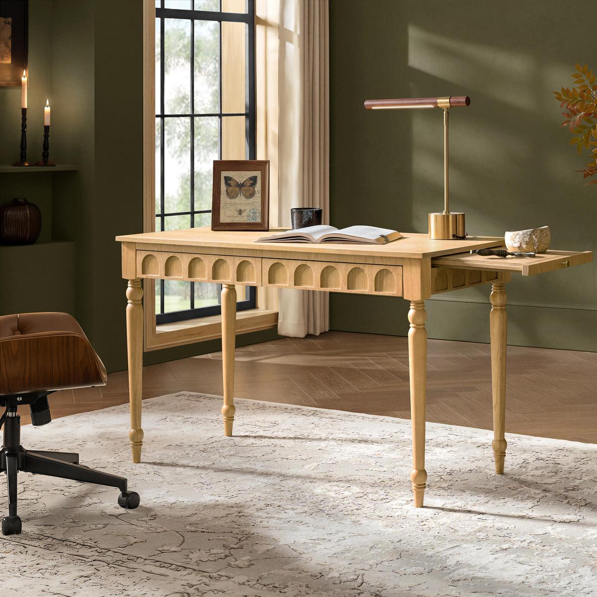 Theo Farmhouse 2-Drawer Office Desk with Charging & Tray