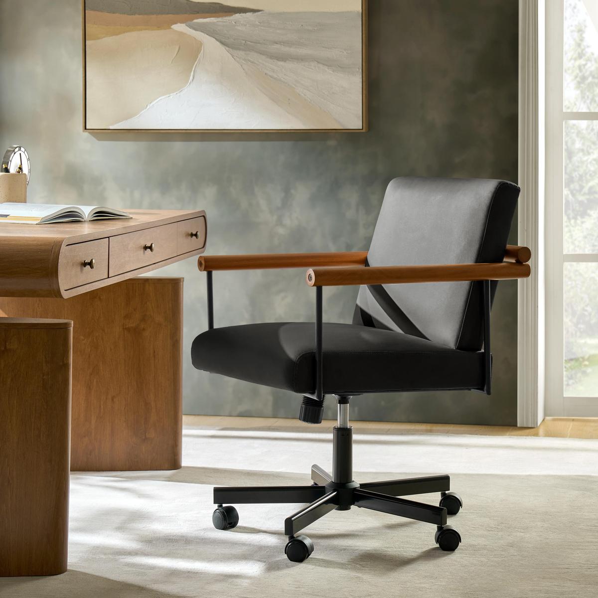 Aurora Scandi Style Swivel Office Chair with Solid Wood Armrests