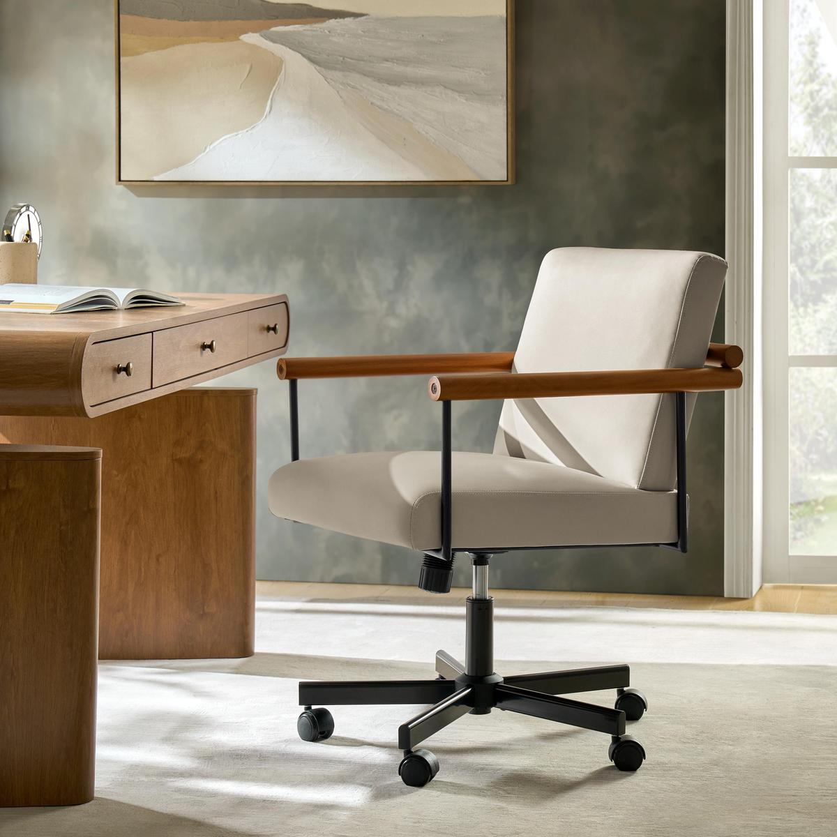 Aurora Scandi Style Swivel Office Chair with Solid Wood Armrests