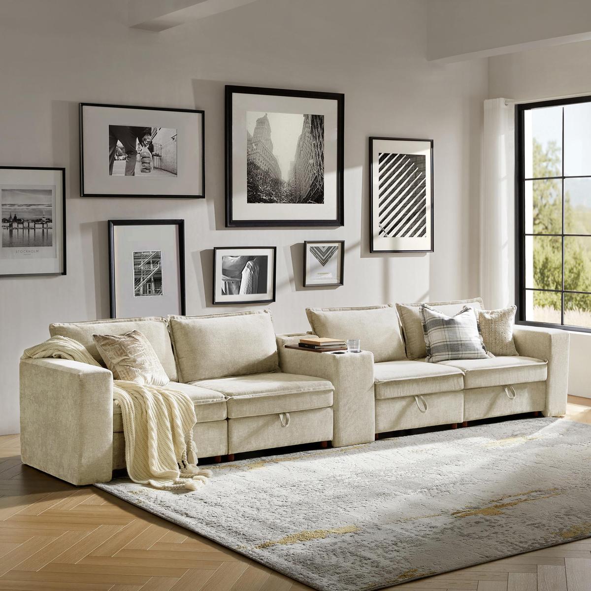 Miriam Sectional Sofa with Storage, Tabletop, Cup Holders & USB Ports