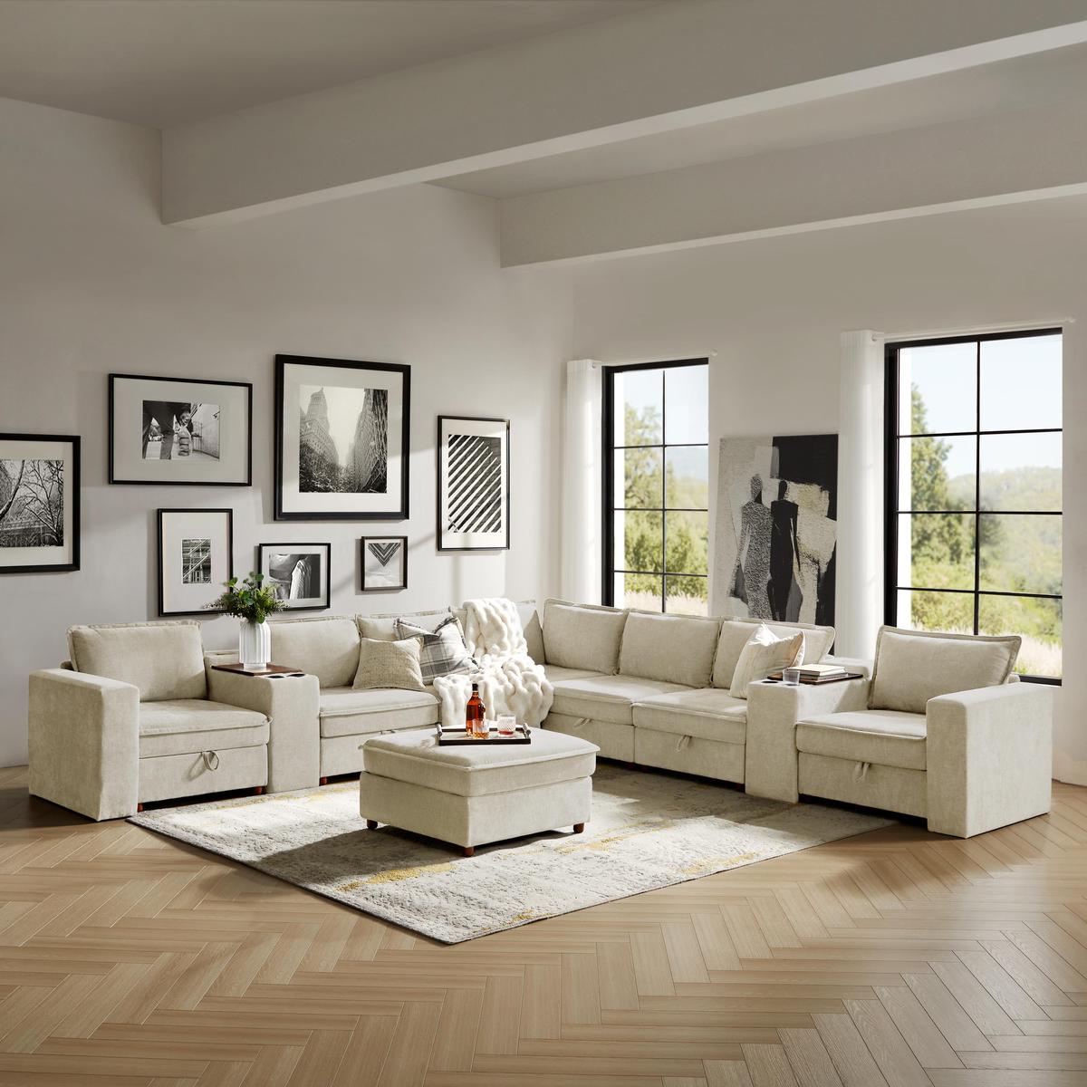 Miriam Sectional Sofa with Storage, Tabletop, Cup Holders & USB Ports