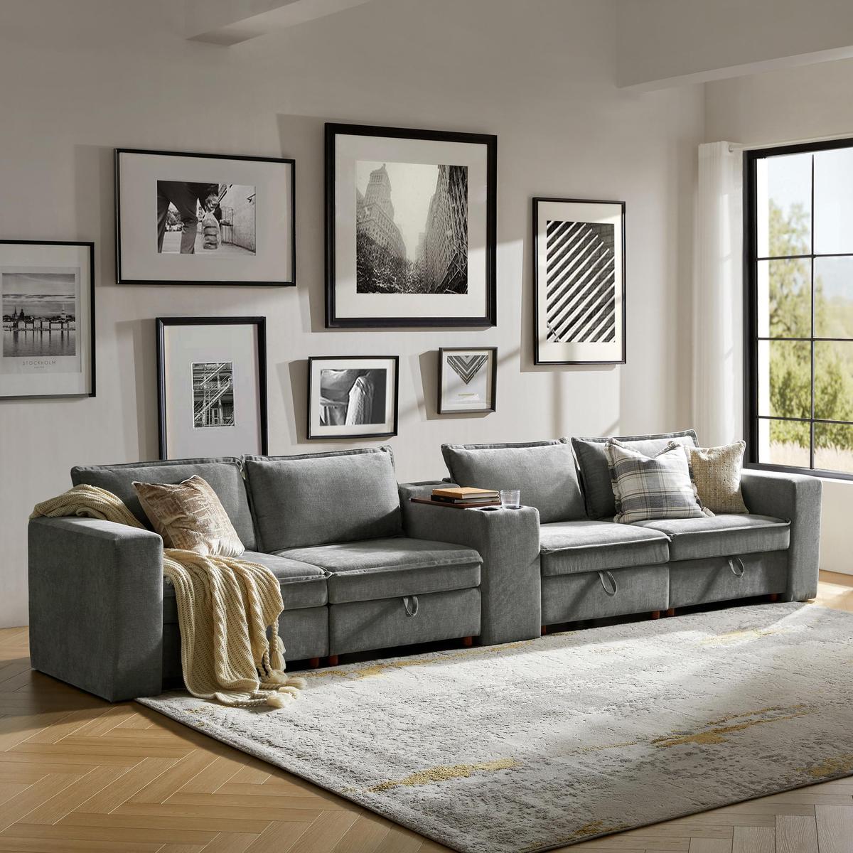 Miriam Sectional Sofa with Storage, Tabletop, Cup Holders & USB Ports