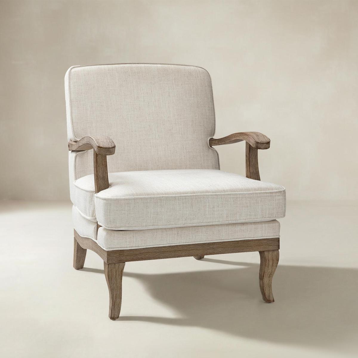 Randolph Farmhouse Upholstered Accent Chair with Solid Wood Arms