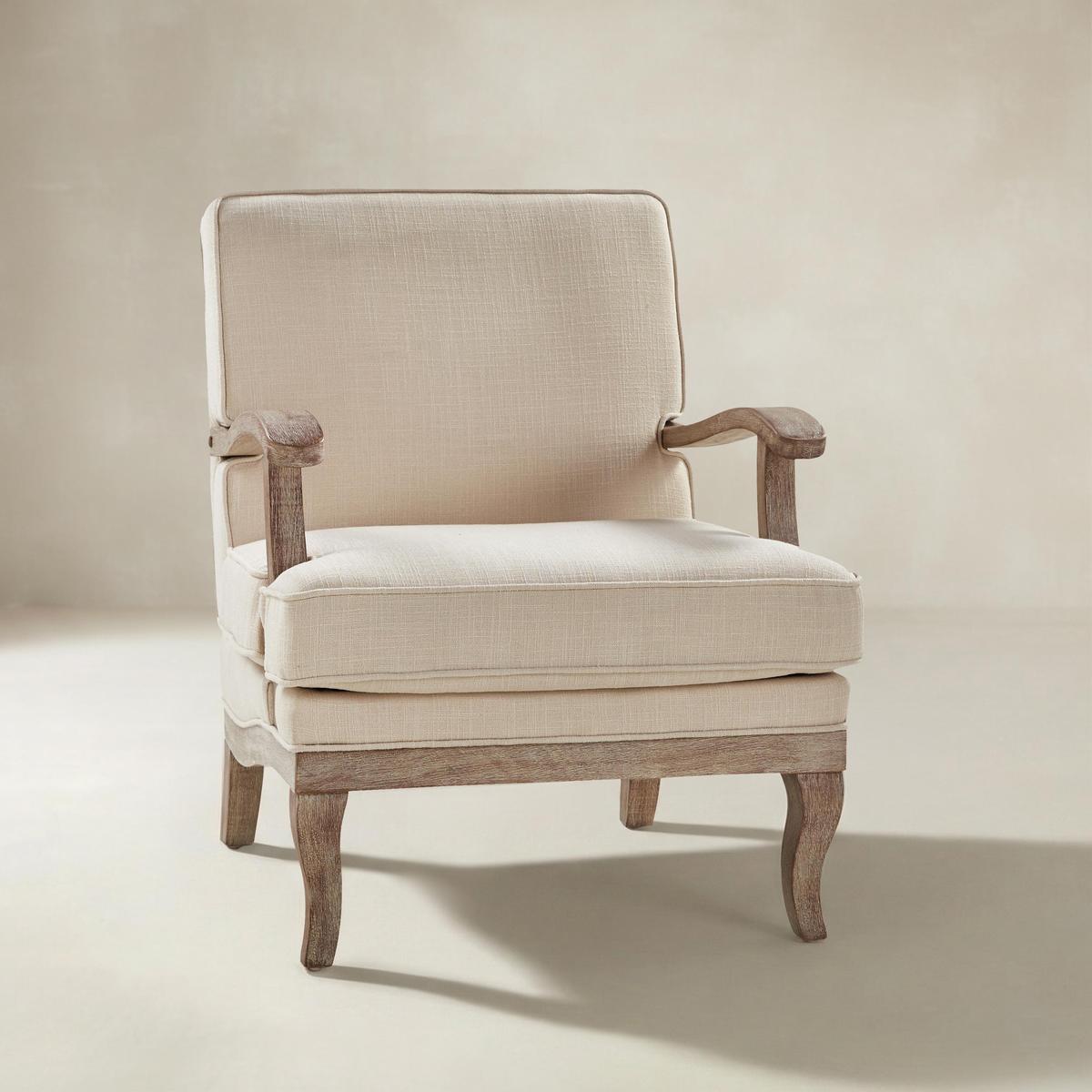 Randolph Farmhouse Upholstered Accent Chair with Solid Wood Arms