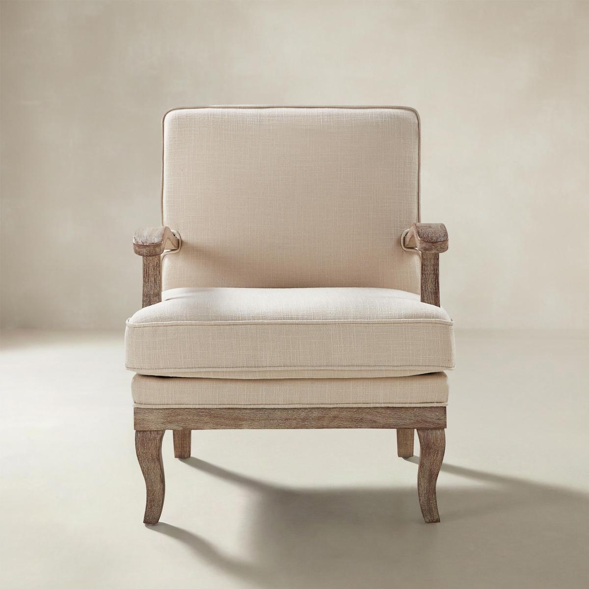 Randolph Farmhouse Upholstered Accent Chair with Solid Wood Arms