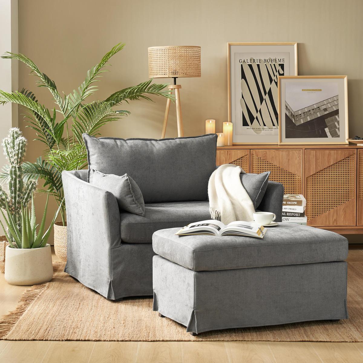 Farmhouse Slipcovered Armchair with Large Ottoman