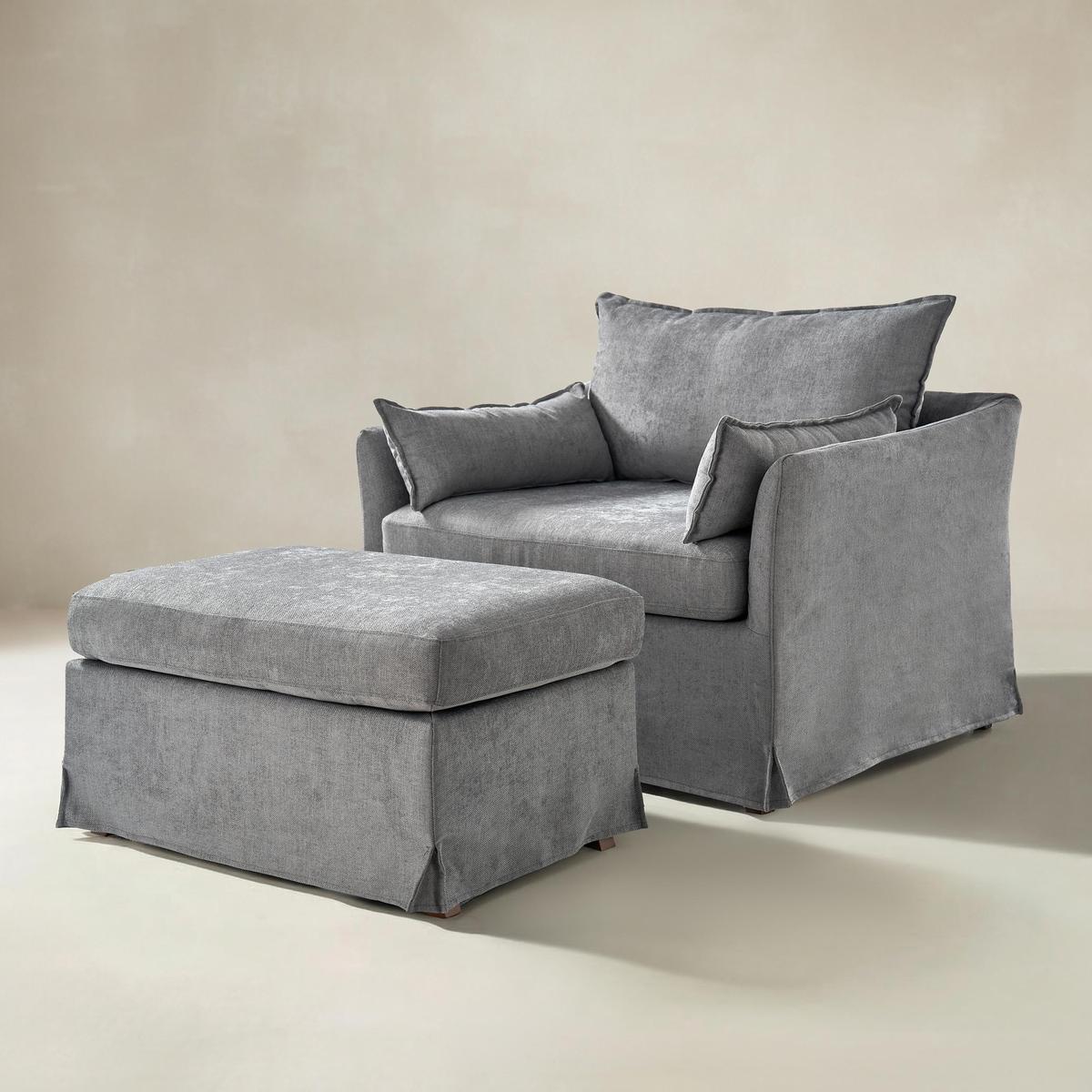 Miles Farmhouse Slipcovered Armchair with Large Ottoman