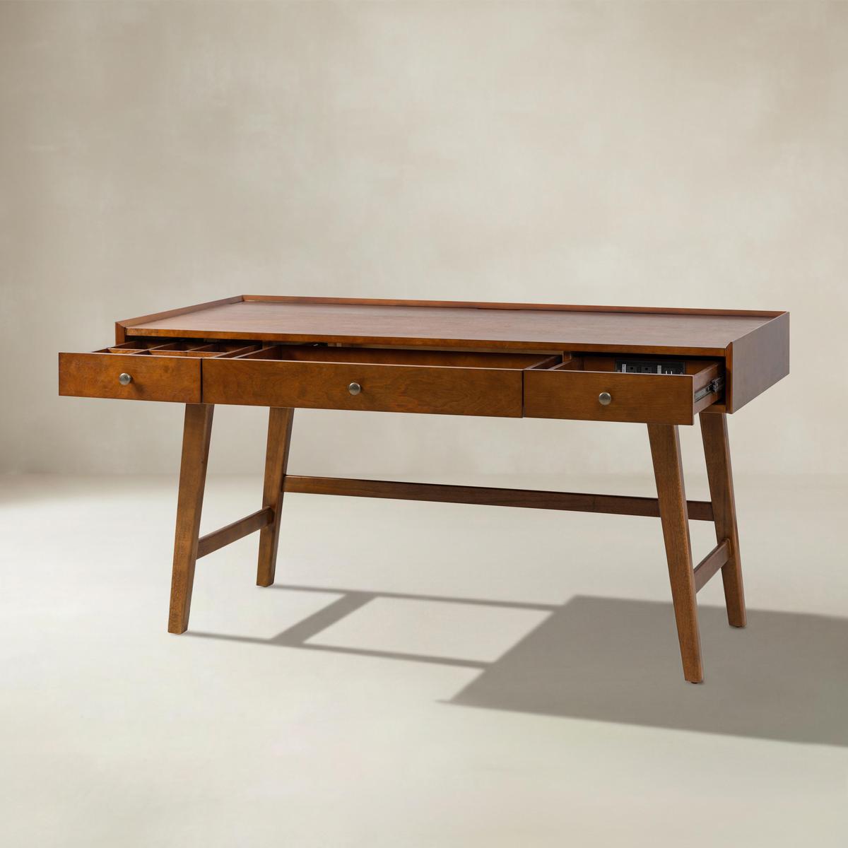 Charlotte Mid-Century Desk with Drawers & Charging Station