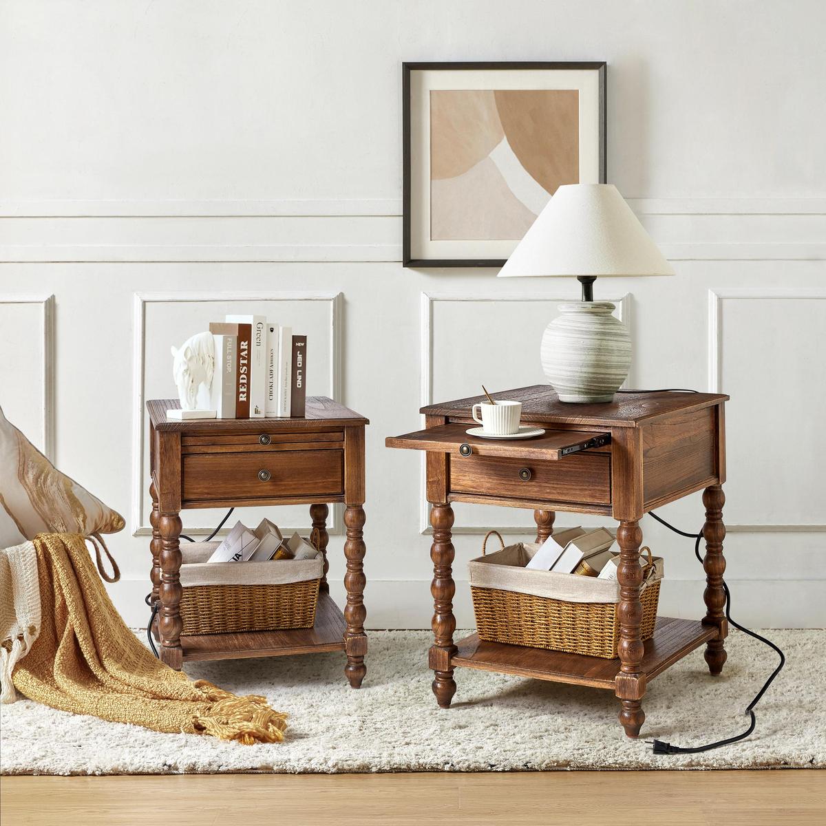 Ira Farmhouse Solid Wood End Table with Built-in Charging Outlets