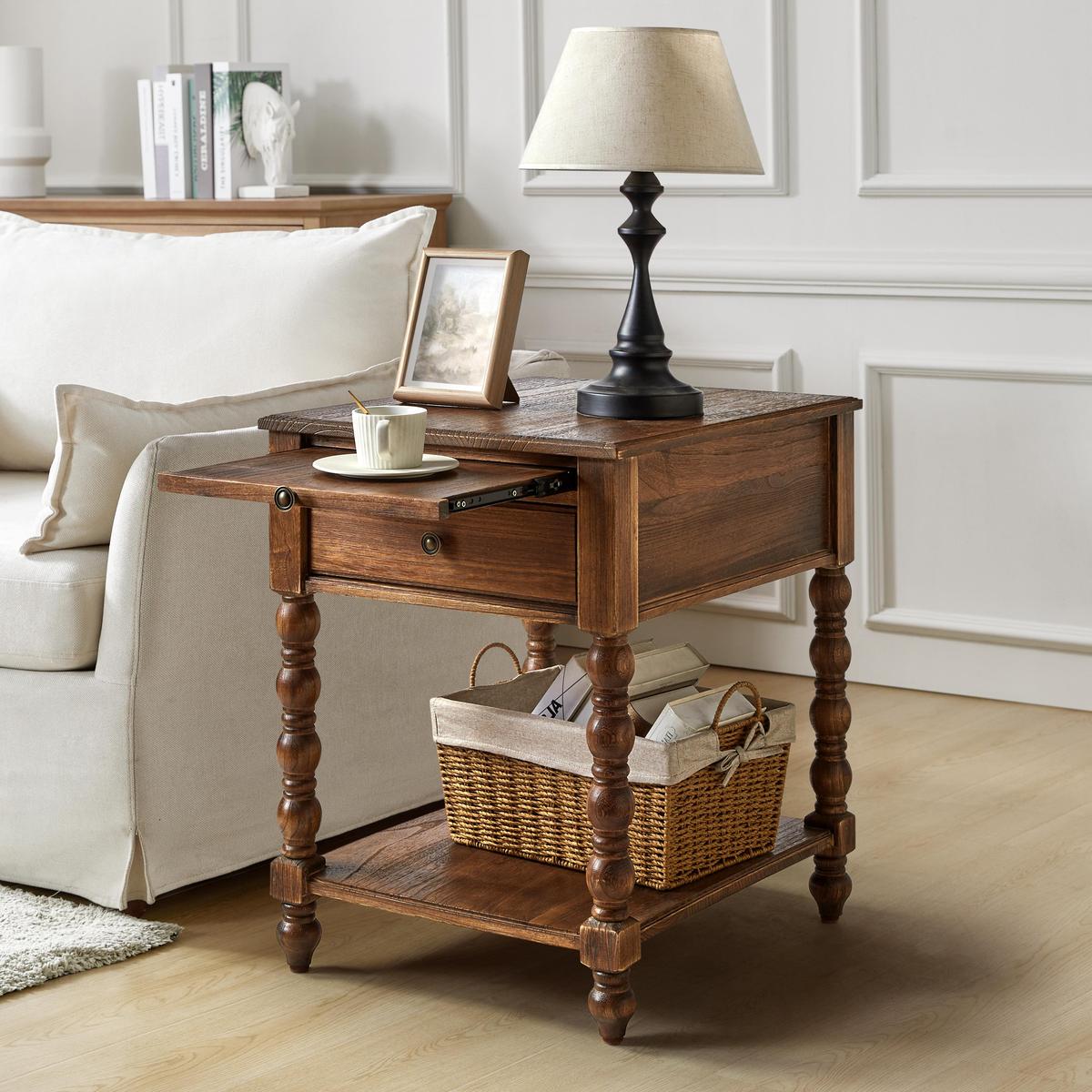 Ira Farmhouse Solid Wood End Table with Built-in Charging Outlets