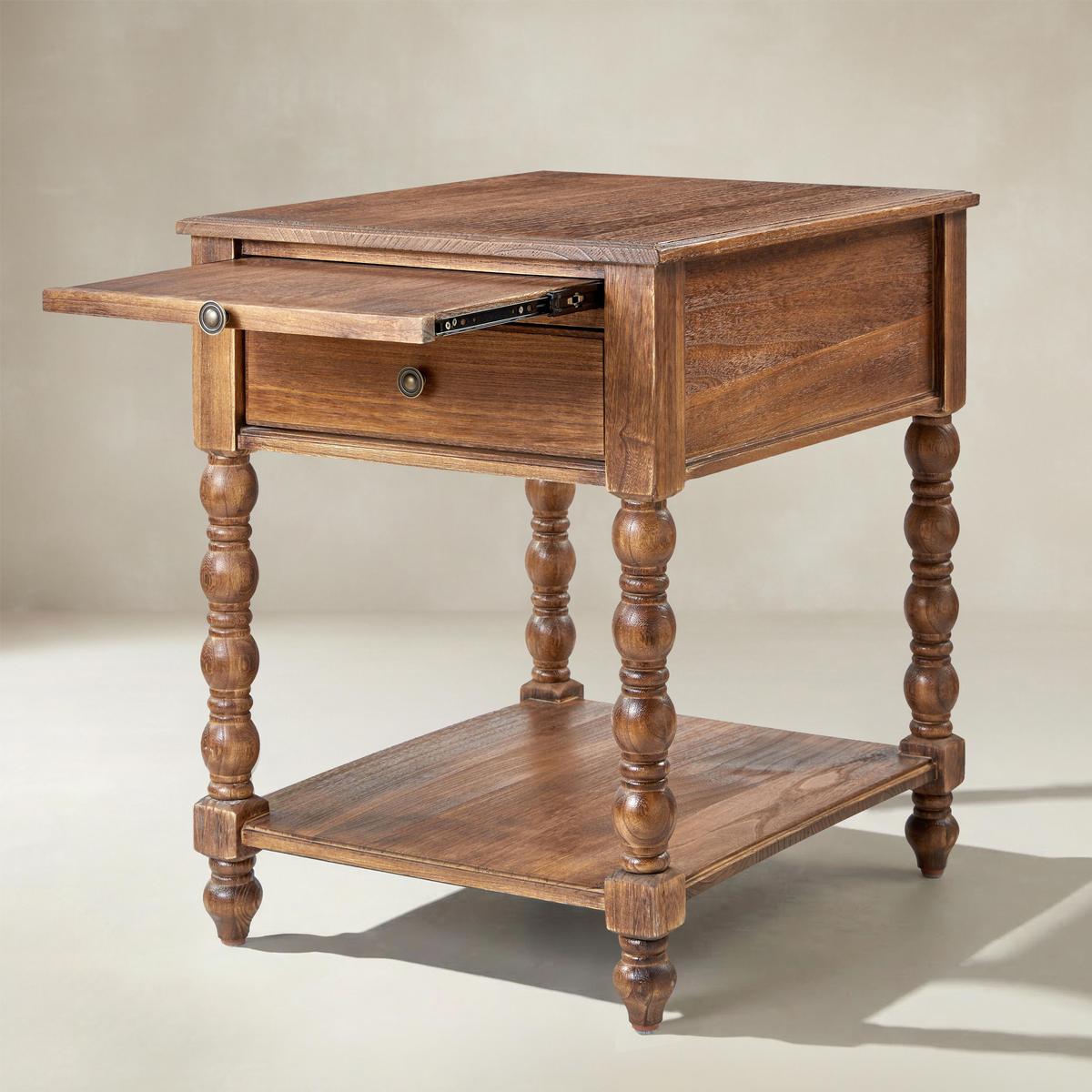 Ira Farmhouse Solid Wood End Table with Built-in Charging Outlets