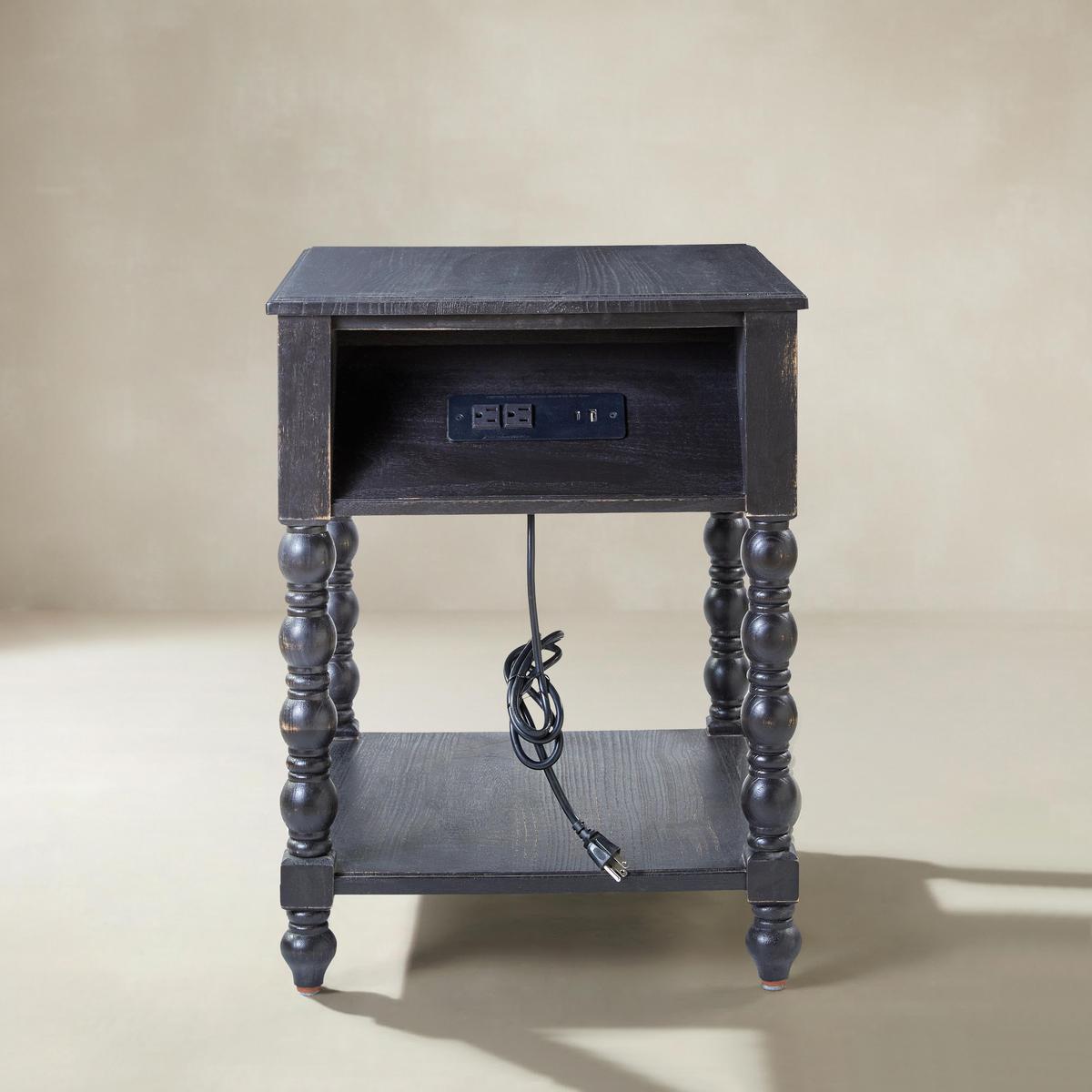 Ira Farmhouse Solid Wood End Table with Built-in Charging Outlets