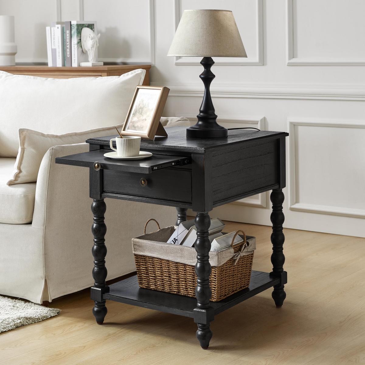 Ira Farmhouse Solid Wood End Table with Built-in Charging Outlets