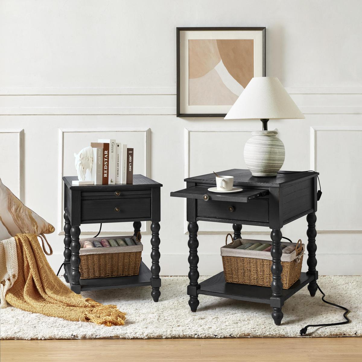 Ira Farmhouse Solid Wood End Table with Built-in Charging Outlets