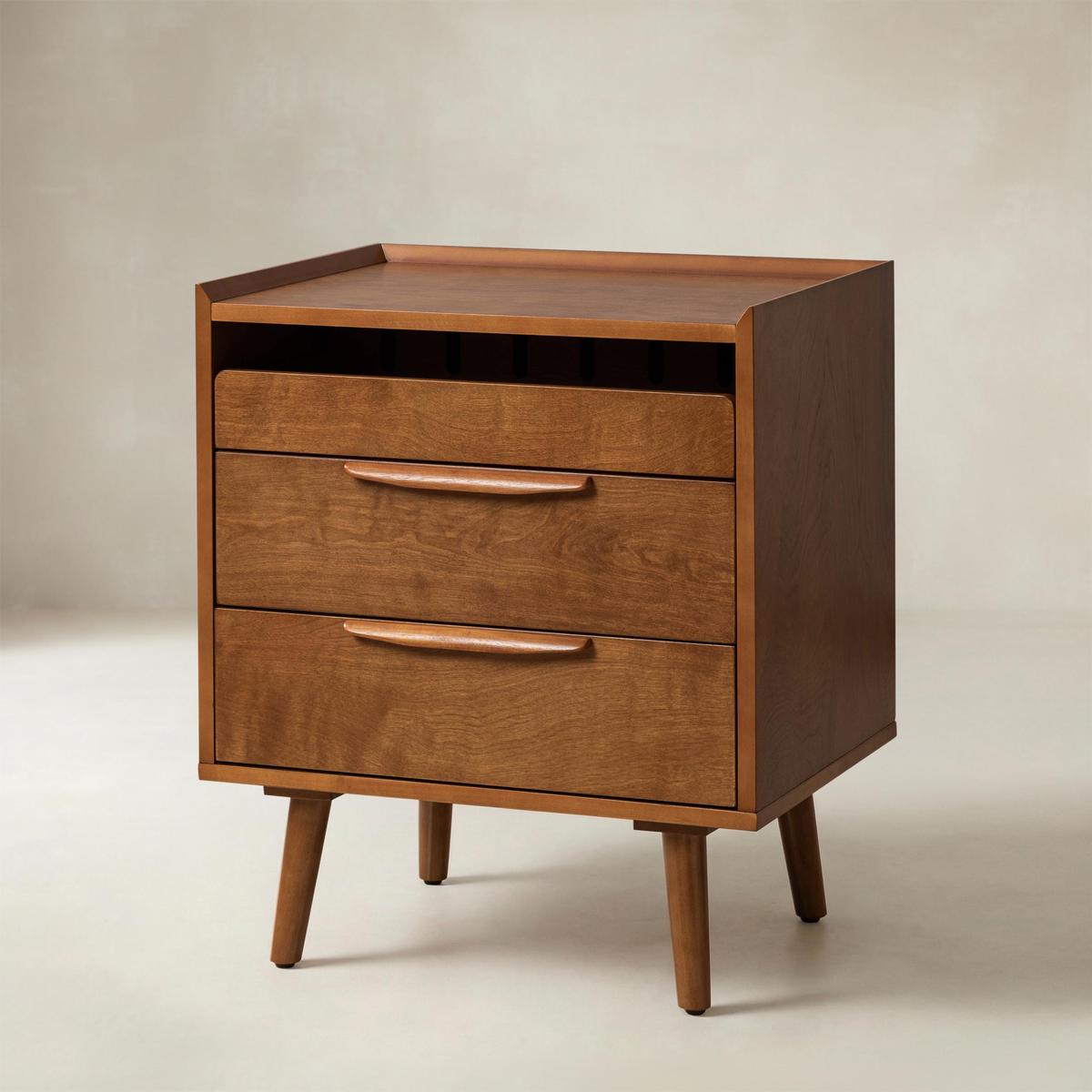 Janet 3 Drawer Mid Century Bedside Table with Charging Station