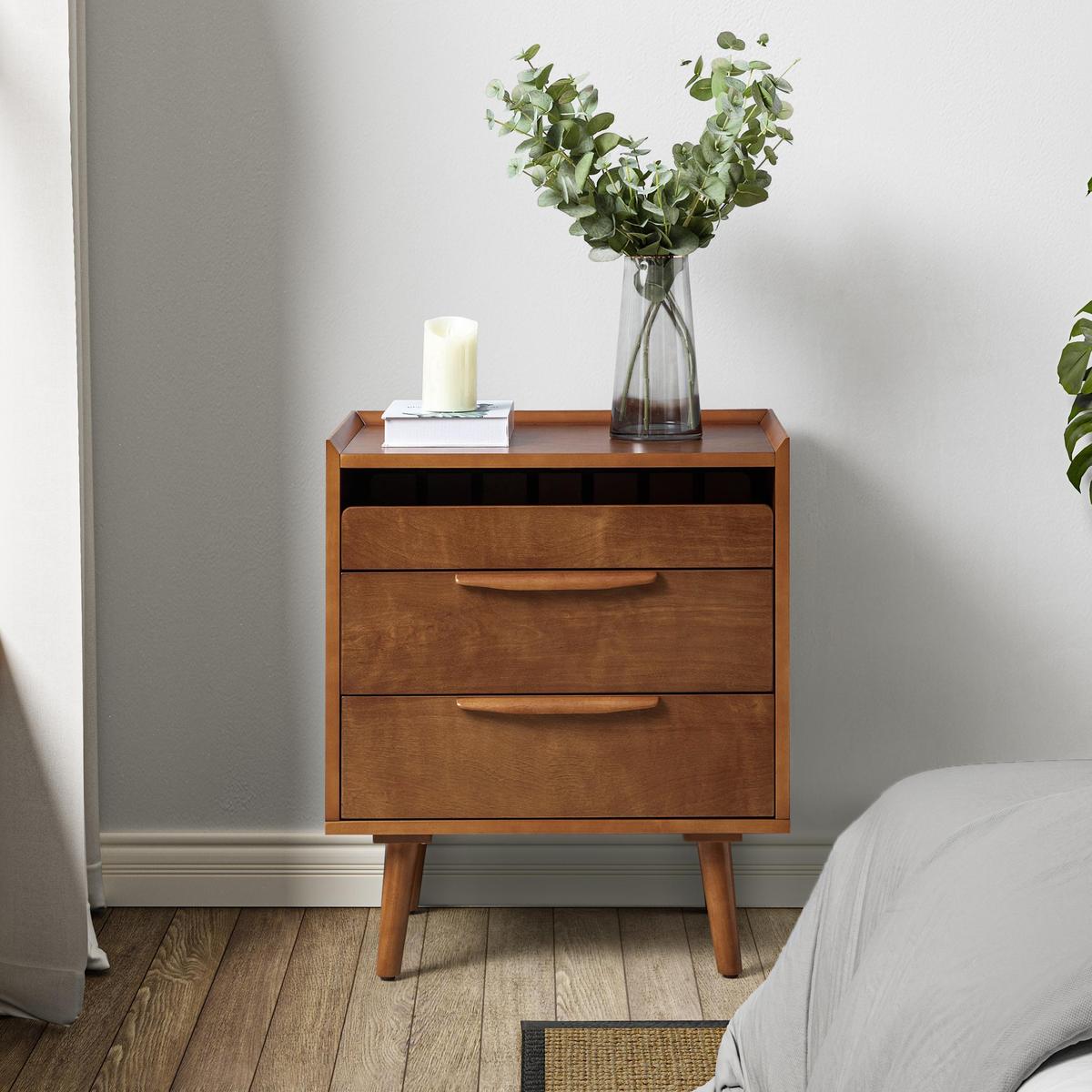 Janet 3 Drawer Mid Century Bedside Table with Charging Station