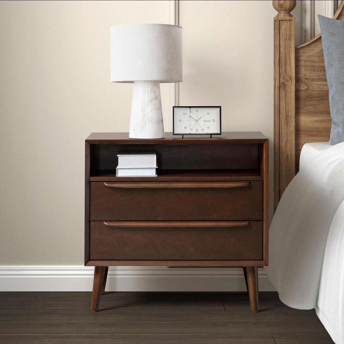 Lilian Mid-Century Bedside Table with Charging Station & Shelf