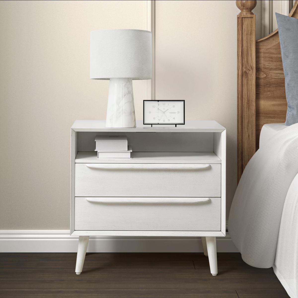 Lilian Mid-Century Bedside Table with Charging Station & Shelf