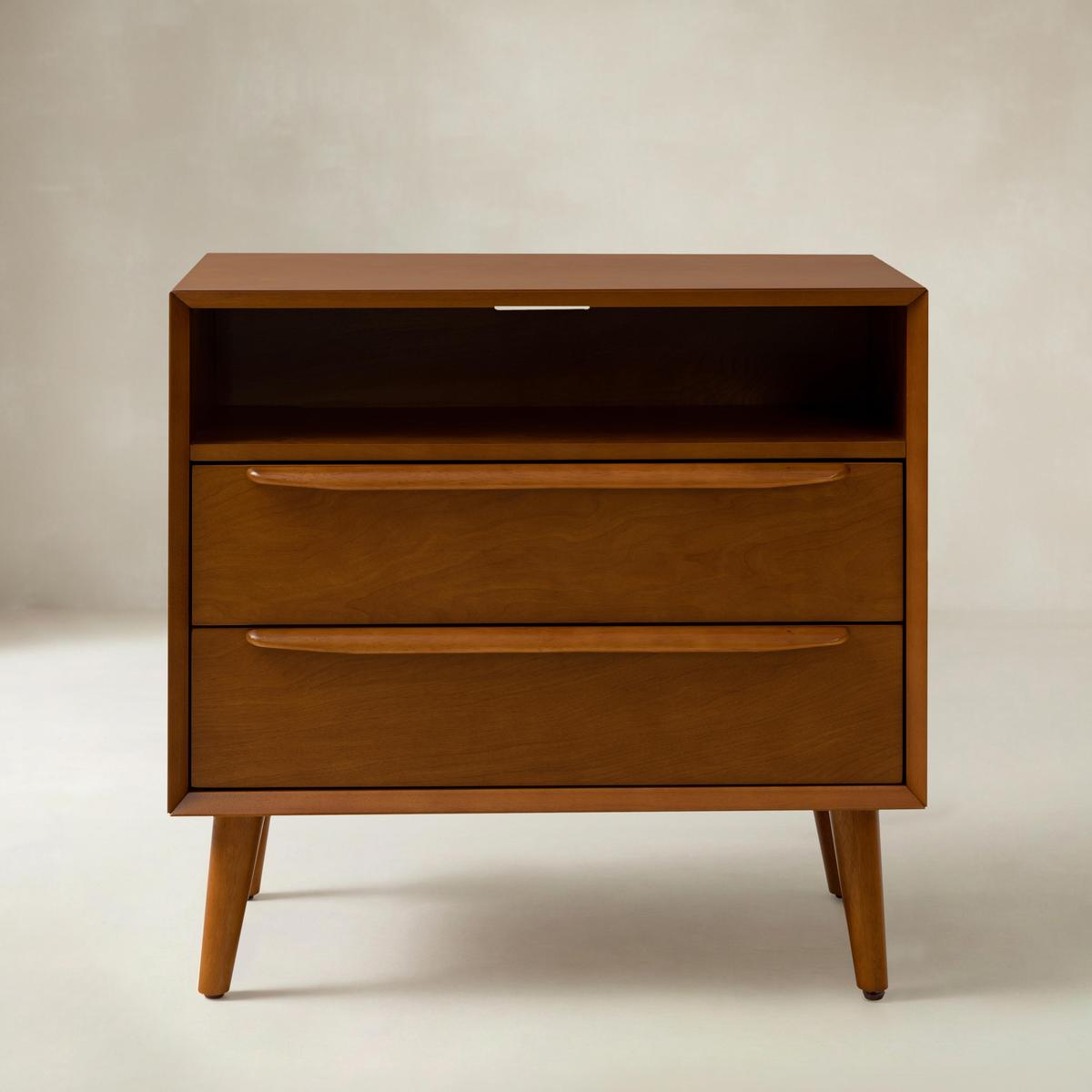Lilian Mid-Century Bedside Table with Charging Station & Shelf