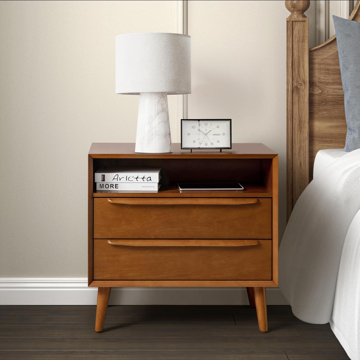 Lilian Mid-Century Bedside Table with Charging Station & Shelf