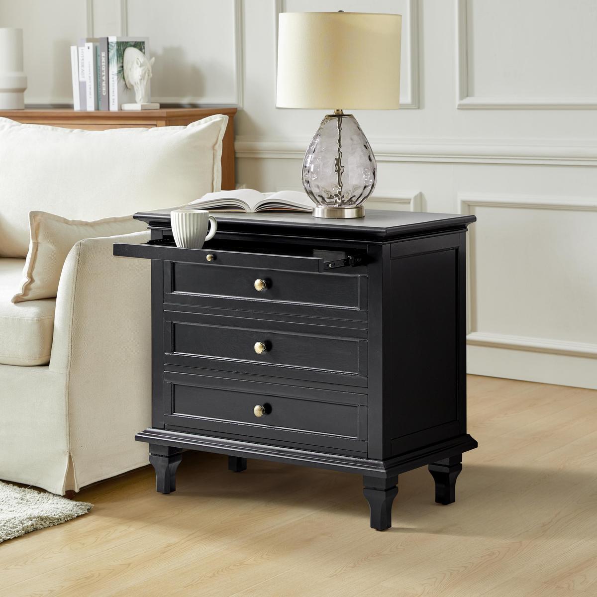 Galatea Farmhouse 3-Drawer Bedside Table with Shelf & Charging Port