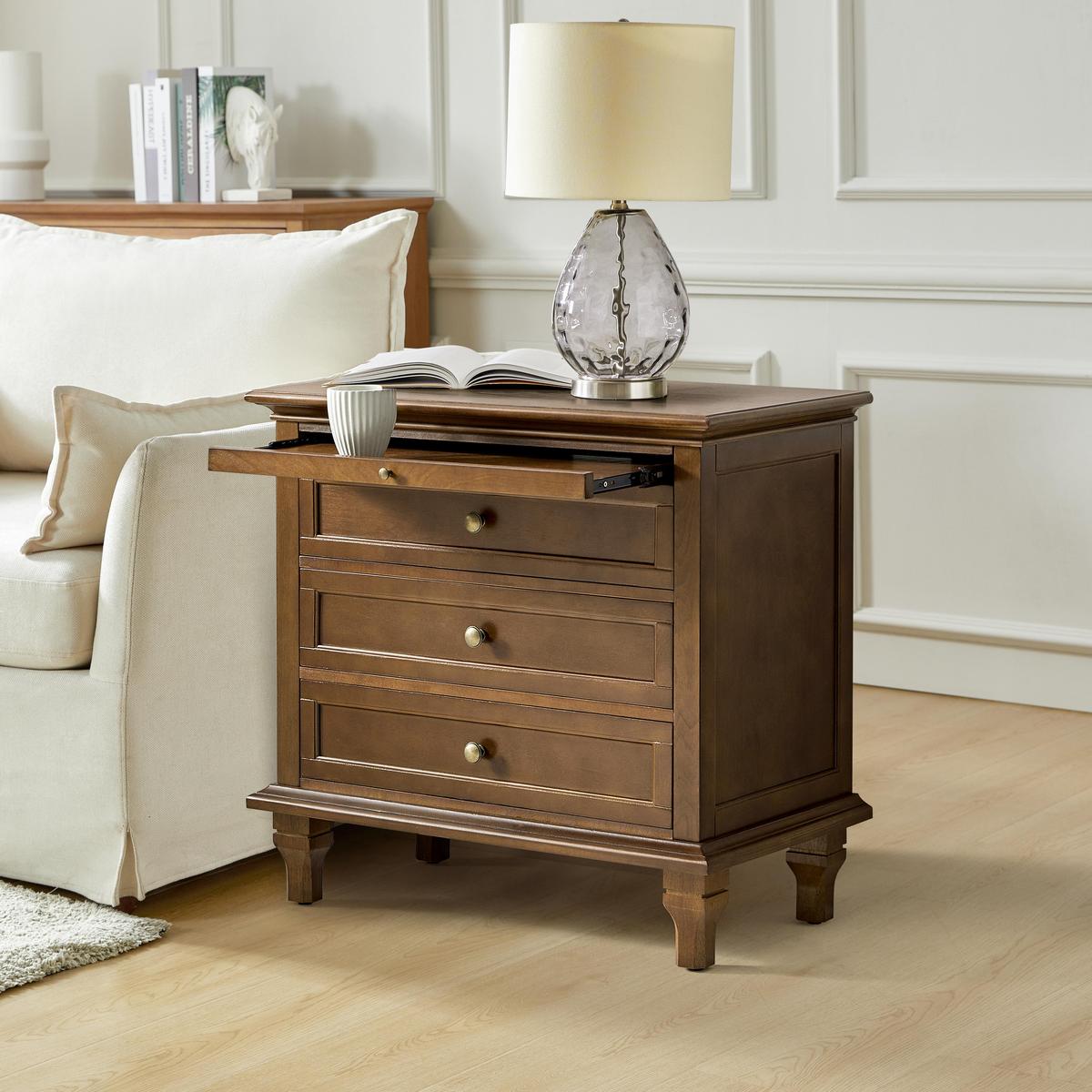 Farmhouse 3-Drawer Nightstand with Shelf & Charging Port