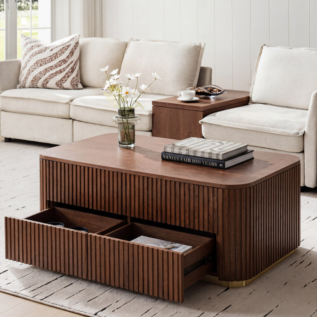 Multifunctional Slatted Design Lift-Top Coffee Table with Hidden Storage and Drawers