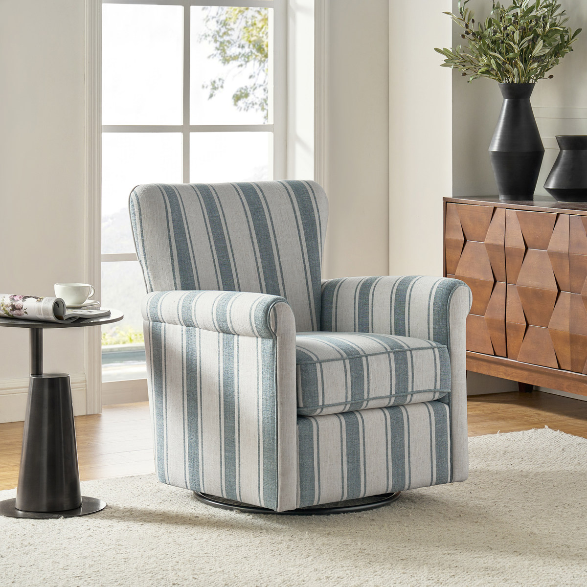 Christoph Floral Swivel Chair with Removable Back and Roll Arms - HULALA HOME