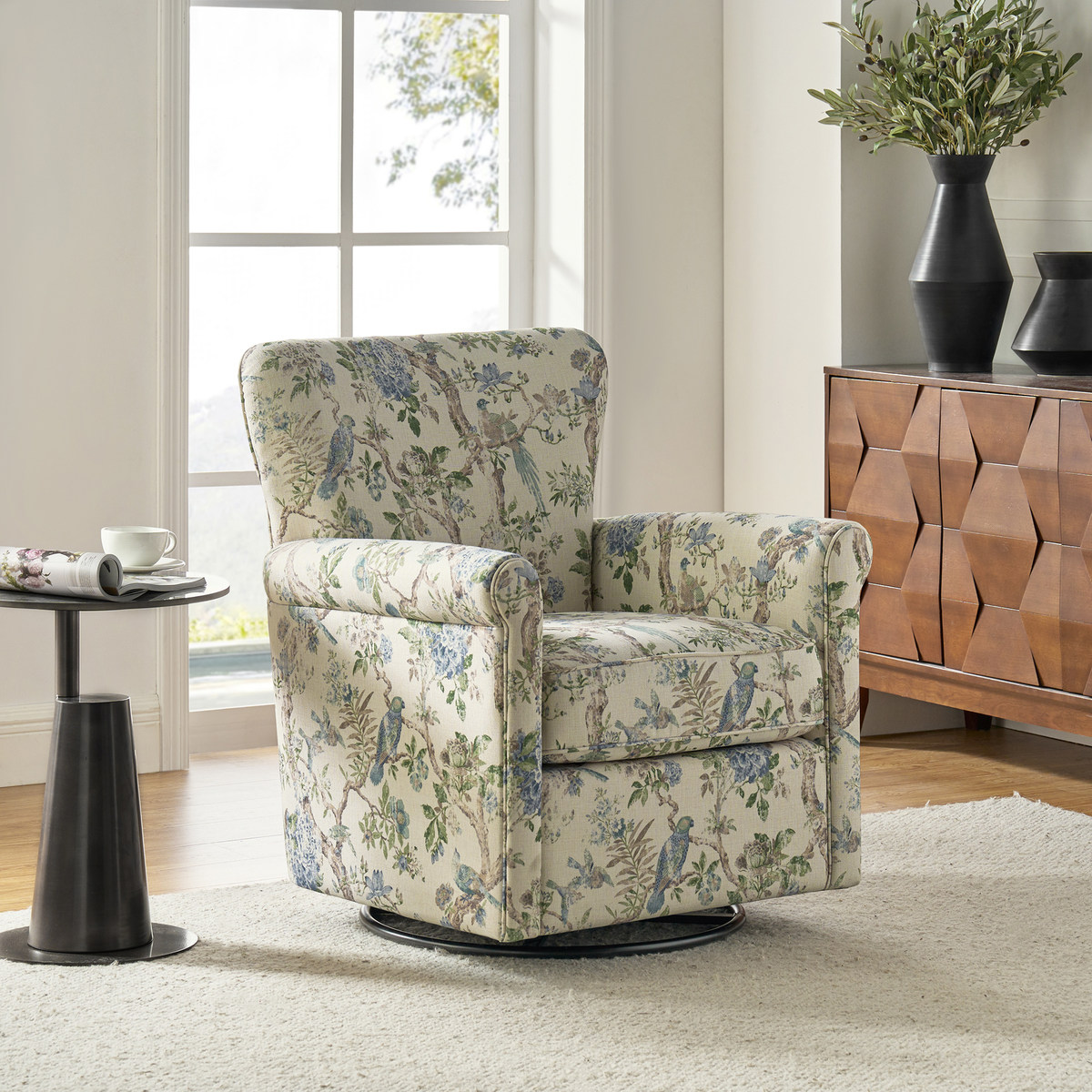 Christoph Floral Swivel Chair with Removable Back and Roll Arms