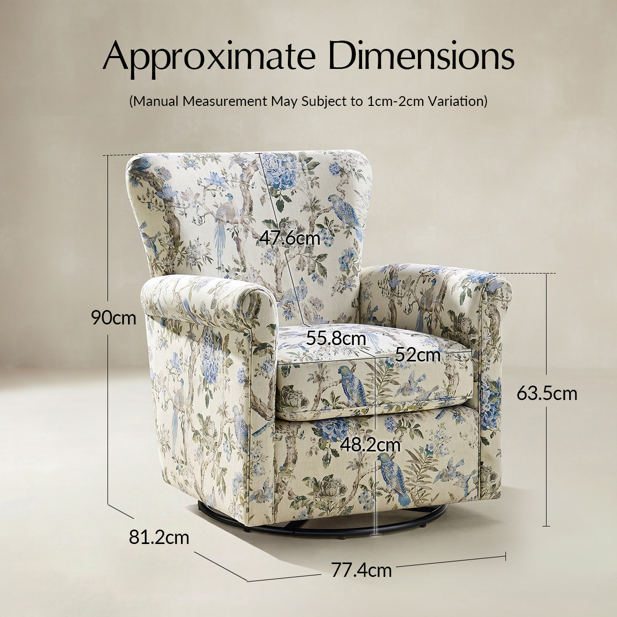 Christoph Floral Swivel Chair with Removable Back and Roll Arms