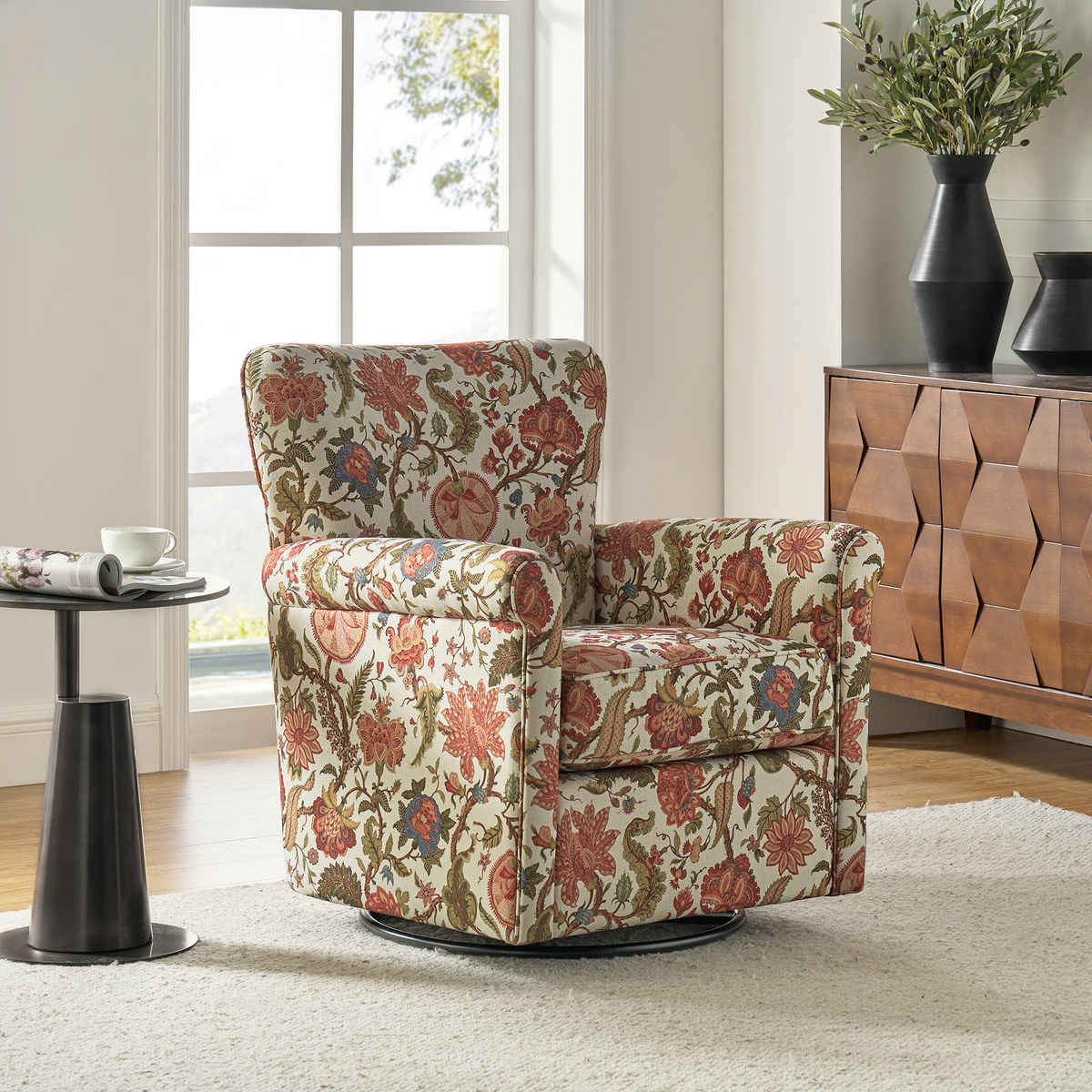 Christoph Floral Swivel Chair with Removable Back and Roll Arms