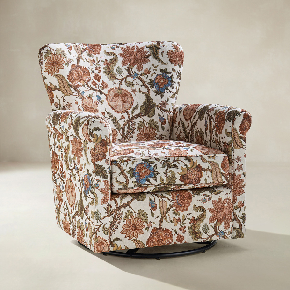 Christoph Floral Swivel Chair with Removable Back and Roll Arms