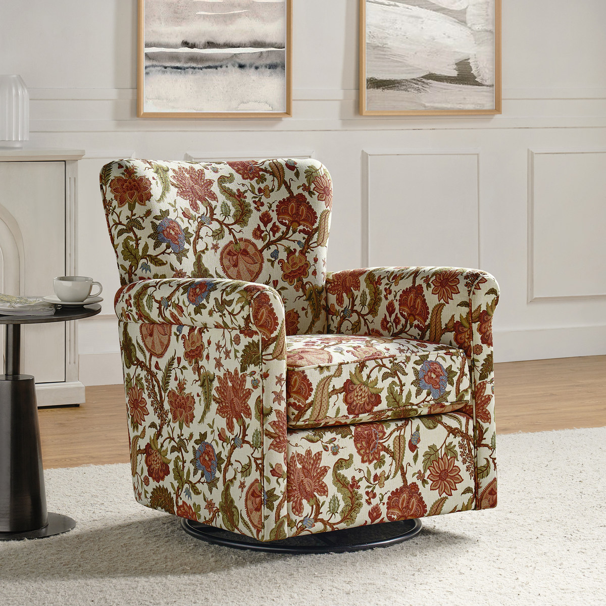 Christoph Floral Swivel Chair with Removable Back and Roll Arms