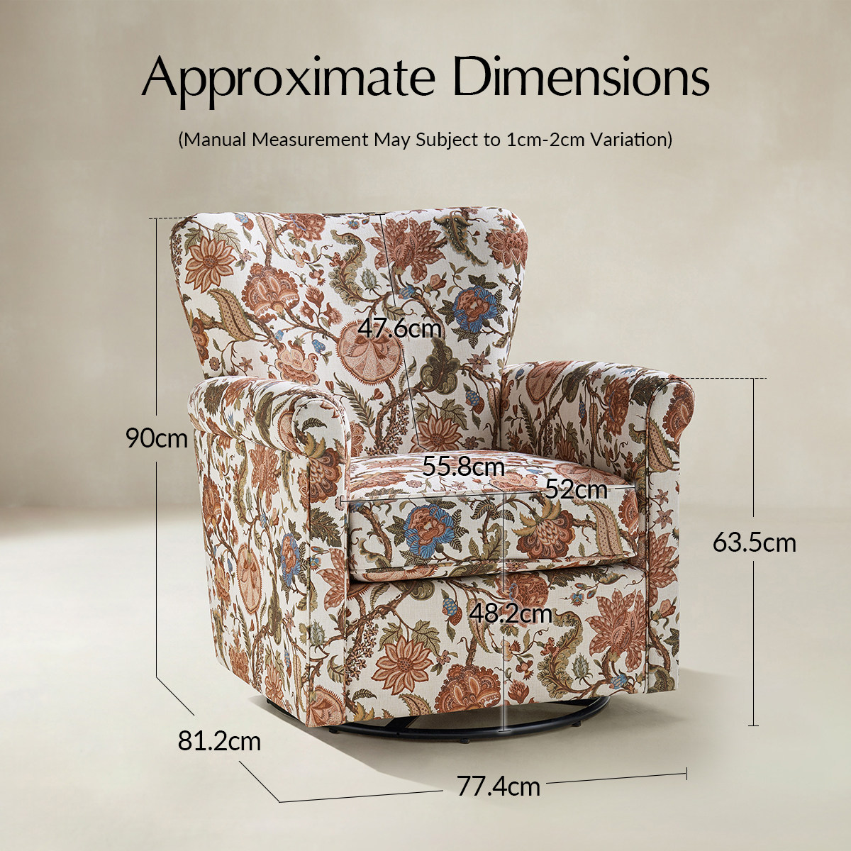 Christoph Floral Swivel Chair with Removable Back and Roll Arms