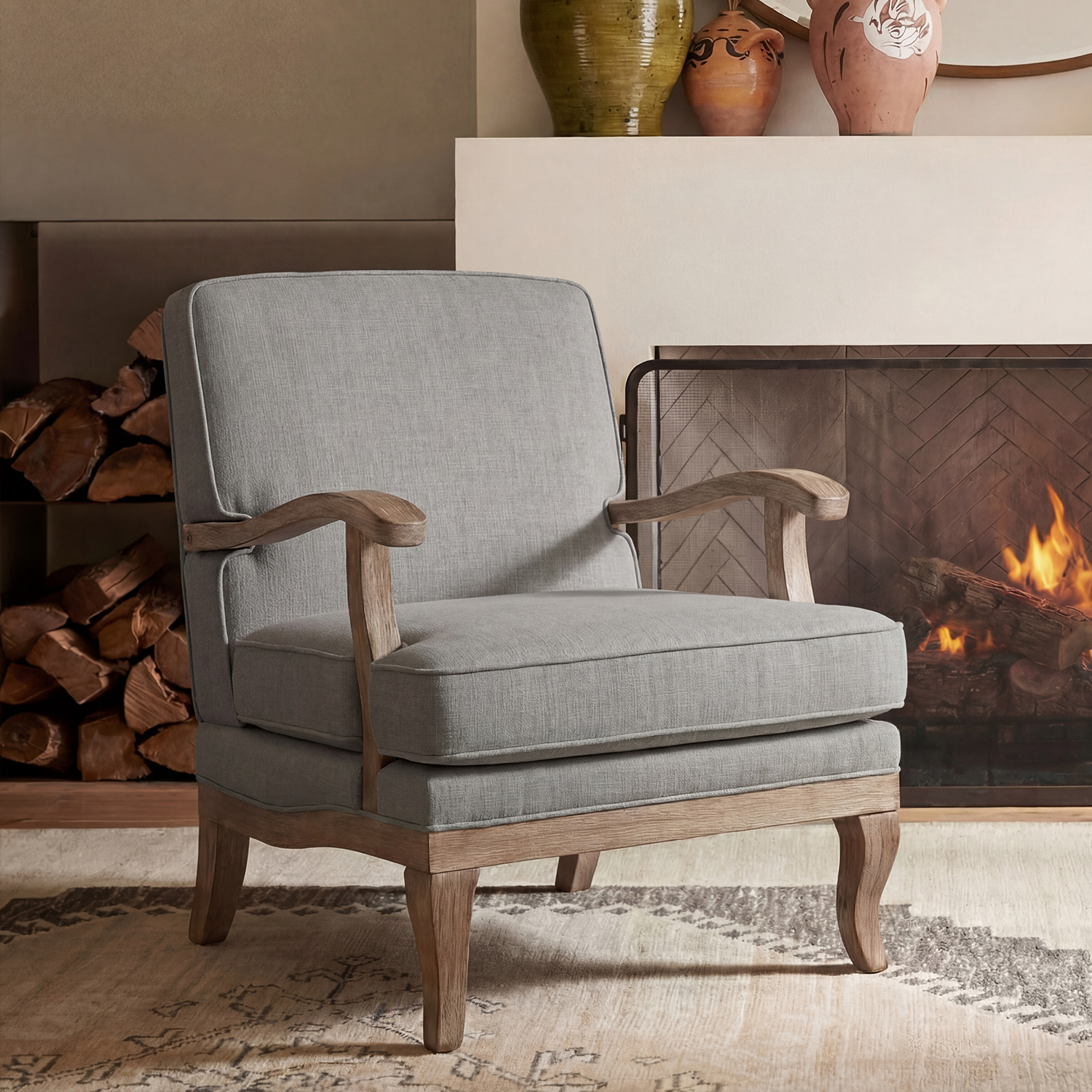 Randolph Farmhouse Upholstered Accent Chair with Solid Wood Arms