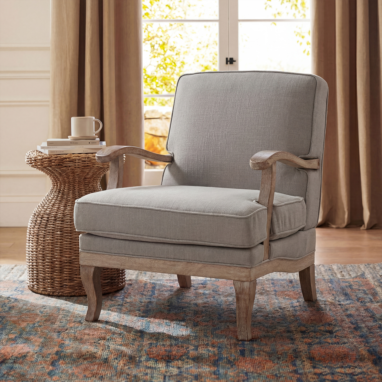 Randolph Farmhouse Upholstered Accent Chair with Solid Wood Arms