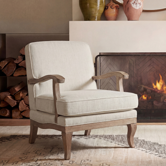 Randolph Farmhouse Upholstered Accent Chair with Solid Wood Arms