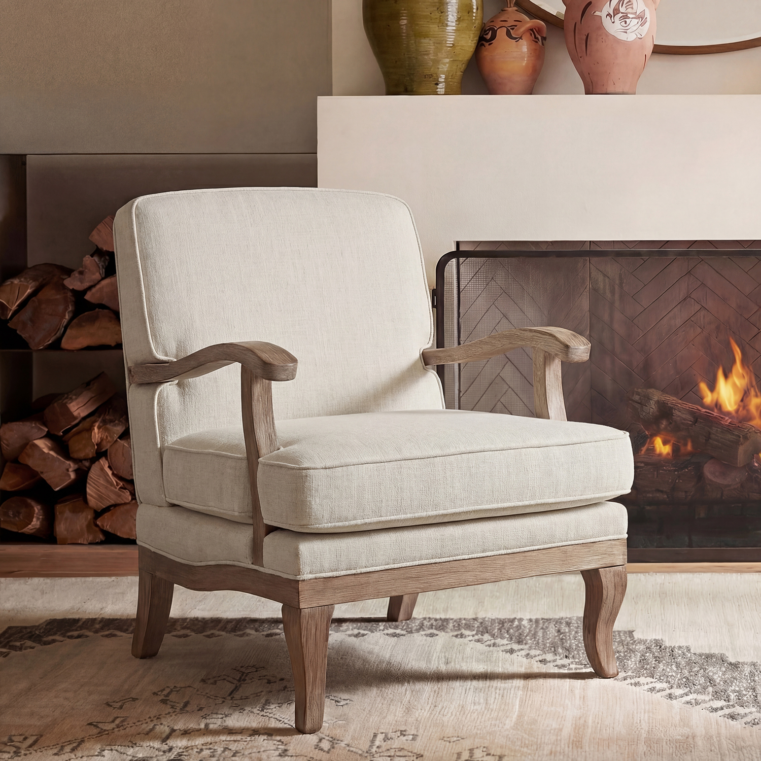 Randolph Farmhouse Upholstered Accent Chair with Solid Wood Arms
