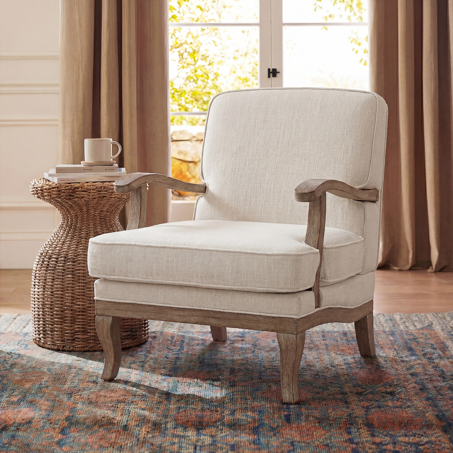 Randolph Farmhouse Upholstered Accent Chair with Solid Wood Arms