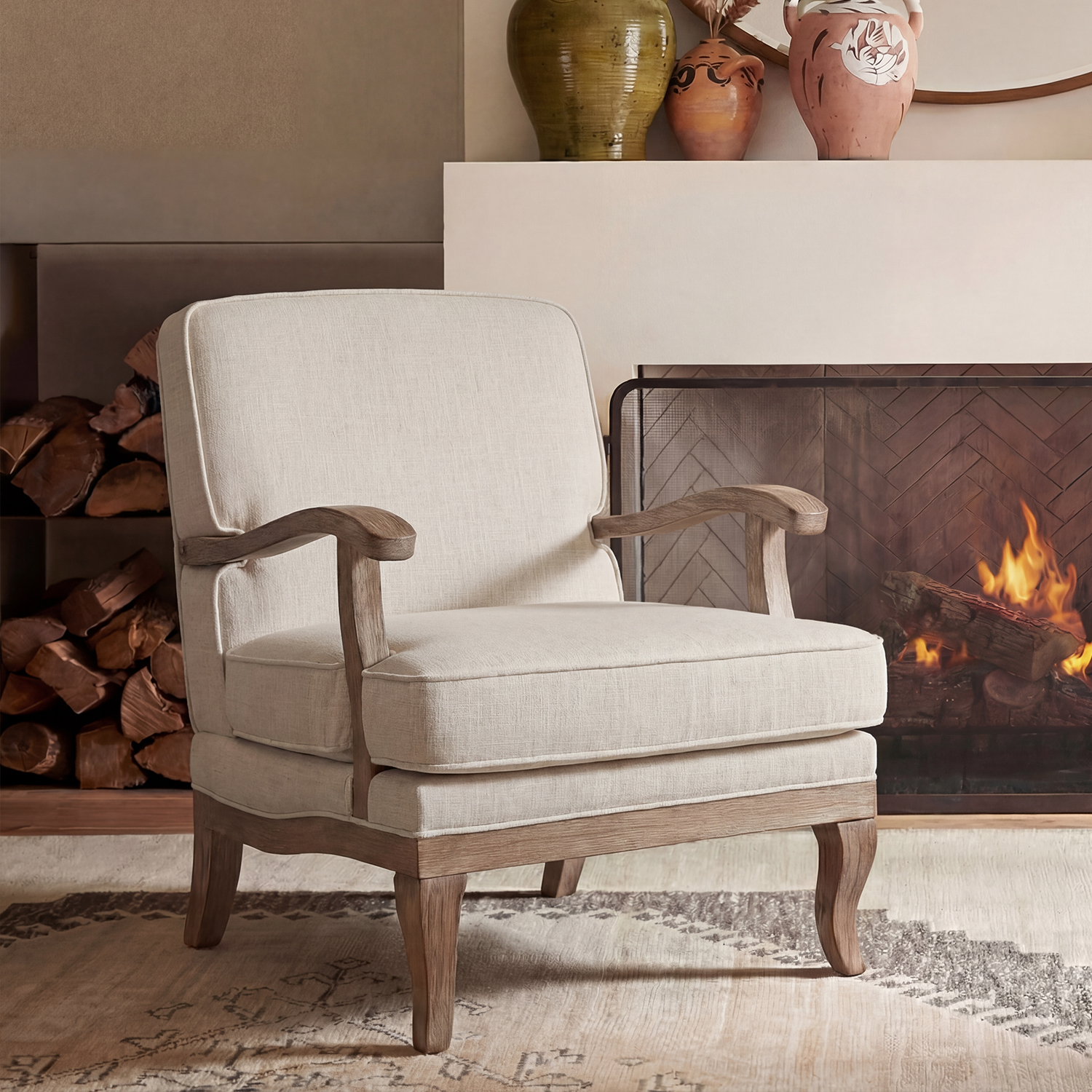 Randolph Farmhouse Upholstered Accent Chair with Solid Wood Arms