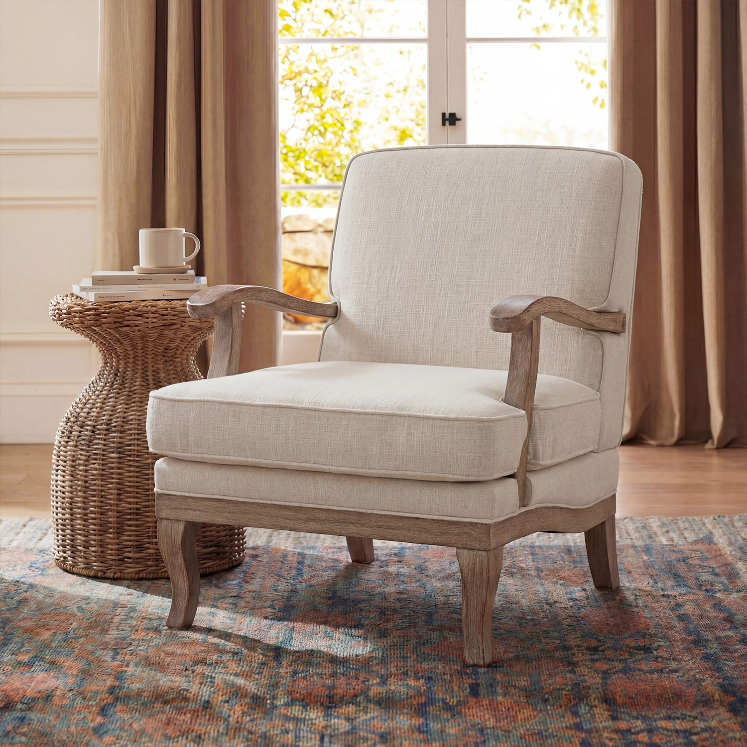 Randolph Farmhouse Upholstered Accent Chair with Solid Wood Arms