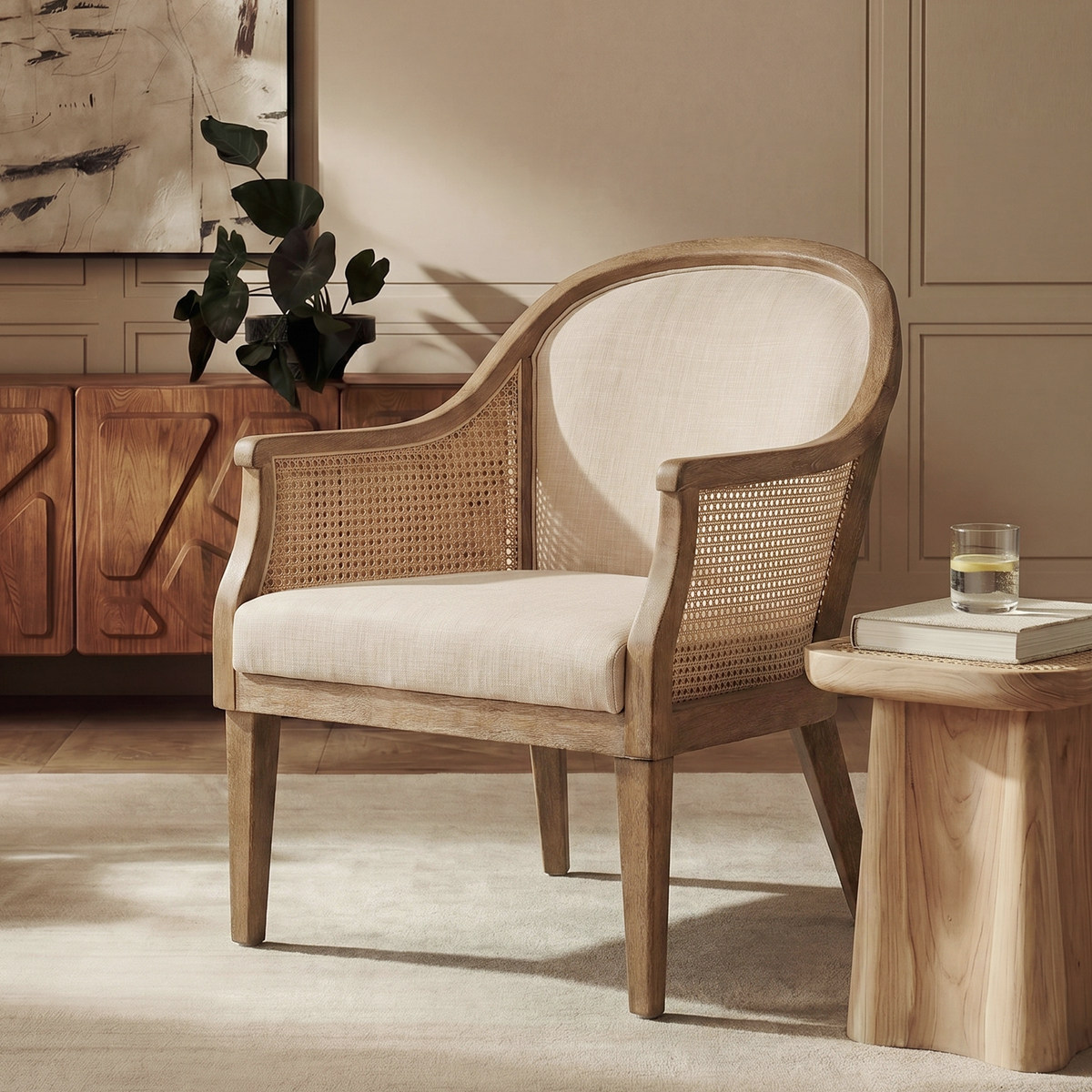 Audrey Farmhouse Rattan Solid Wood Armchair