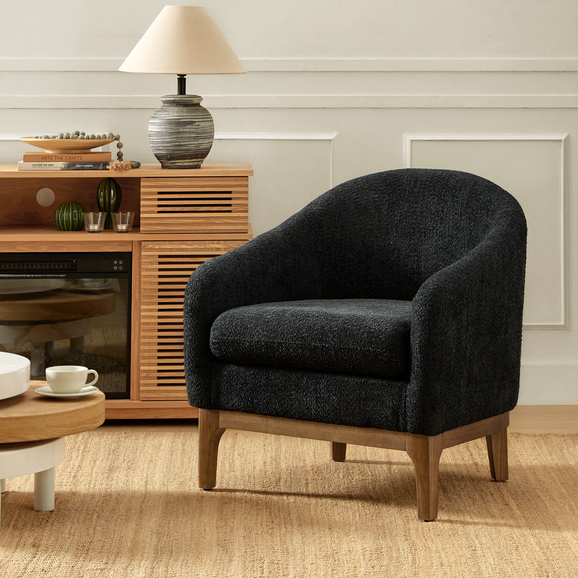 August Boucle Modern Barrel Design Armchair
