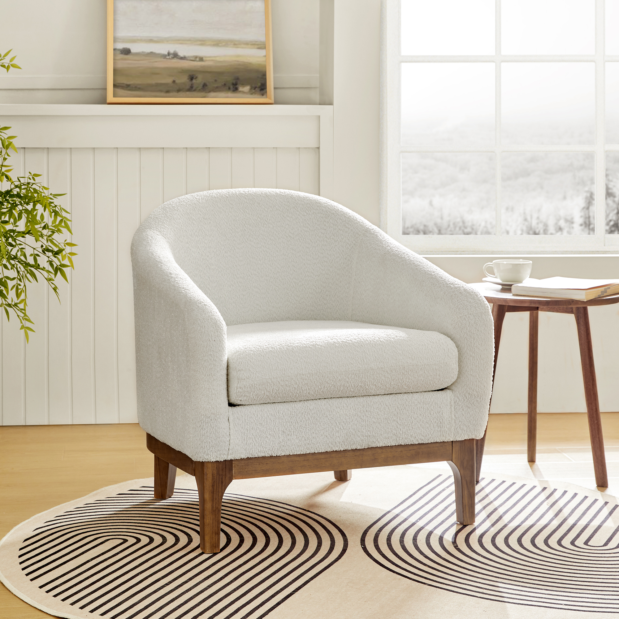 August Boucle Modern Barrel Design Armchair