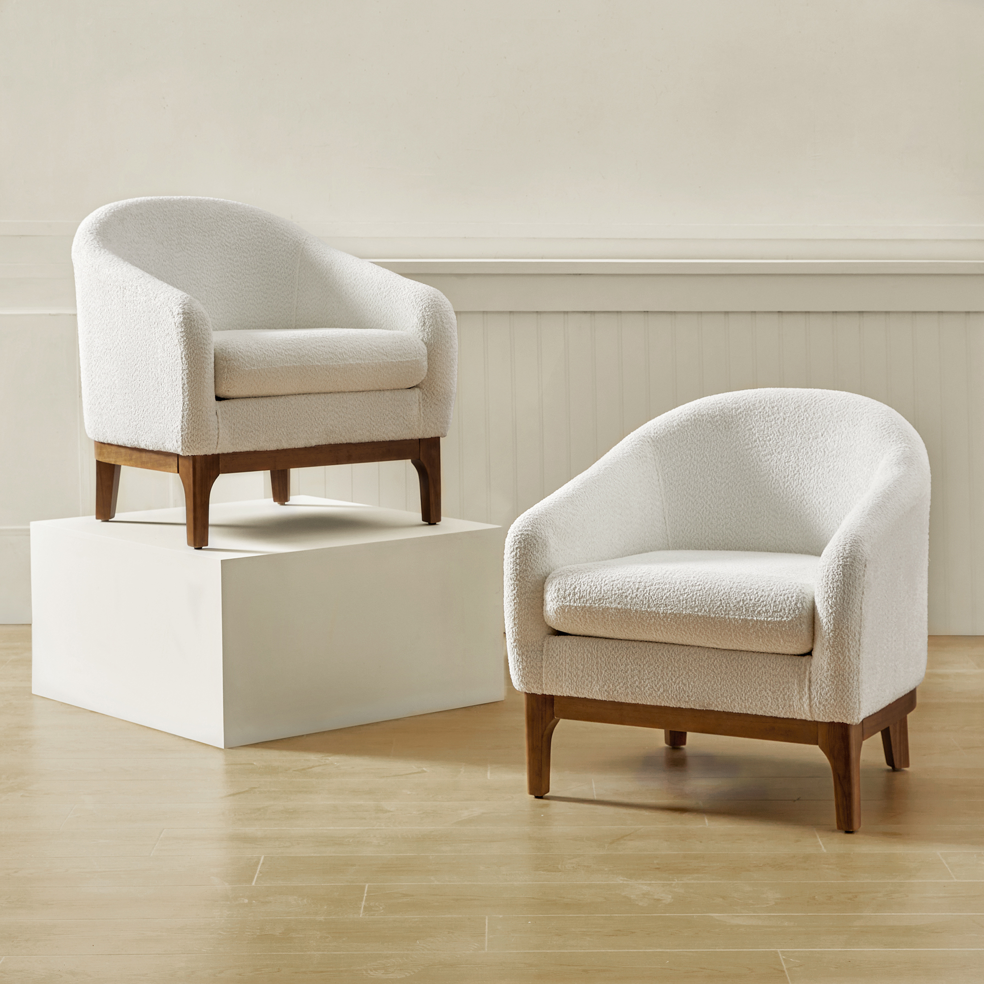 August Boucle Modern Barrel Design Armchair
