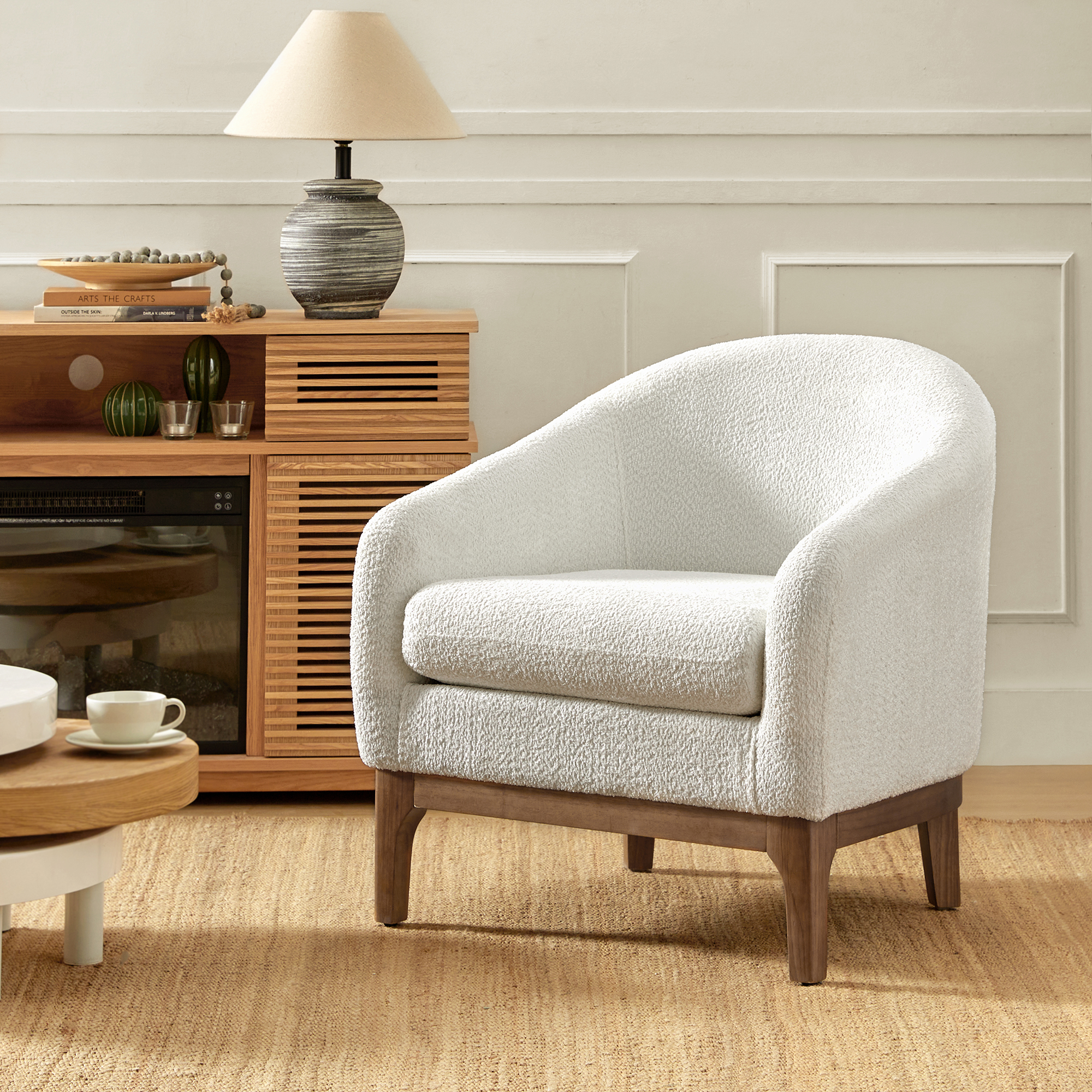 August Boucle Modern Barrel Design Armchair